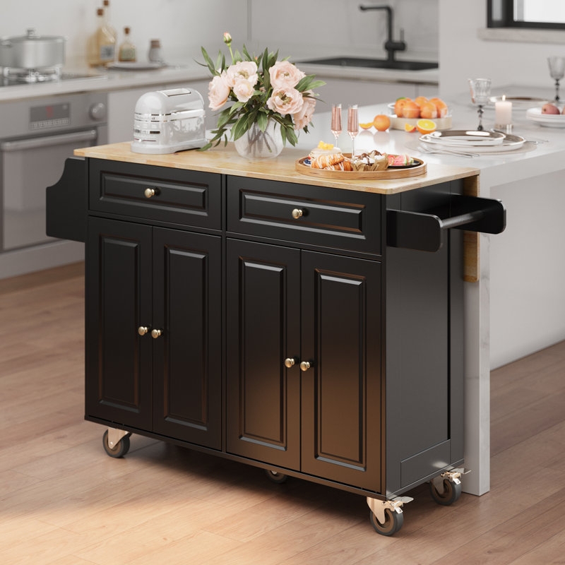 Kitchen Island Cart with Drop Leaf, Black Top & Rolling Casters