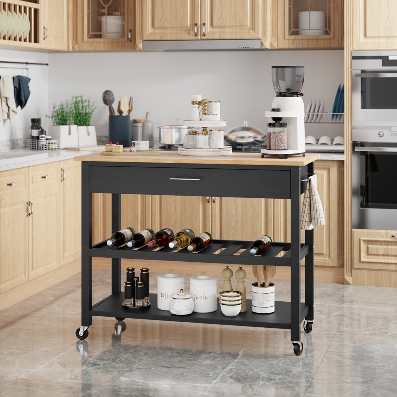 Kitchen Island Cart with Dual Towel Racks, Black Finish & Wood Top