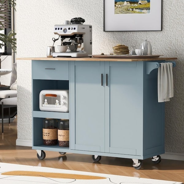 Kitchen Island Cart with Five Wheels, Light Blue Finish, and Drop Leaf Top