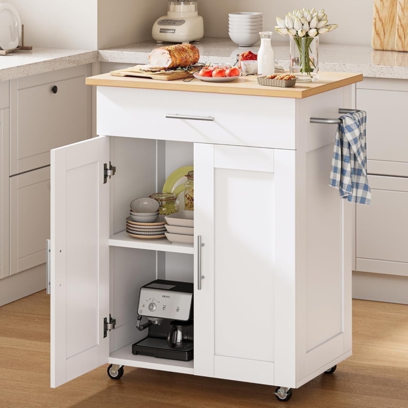 Kitchen Island Cart with Glass-Front Doors and Light Wood Top