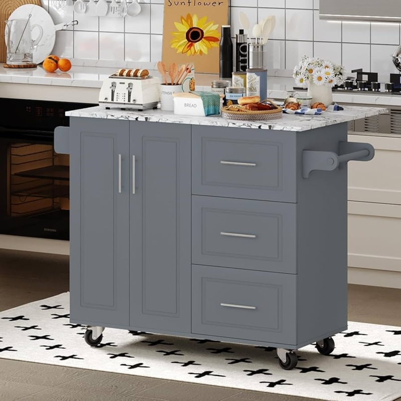Kitchen Island Cart with Marble Top on Wheels, Drop Leaf, Slate Gray