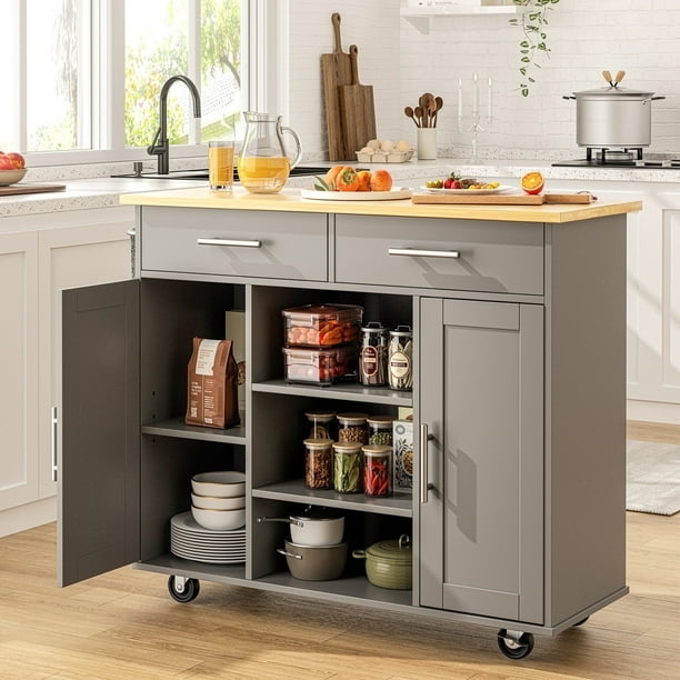 Kitchen Island Cart with Open Shelves, Two-Tone Finish, Lockable