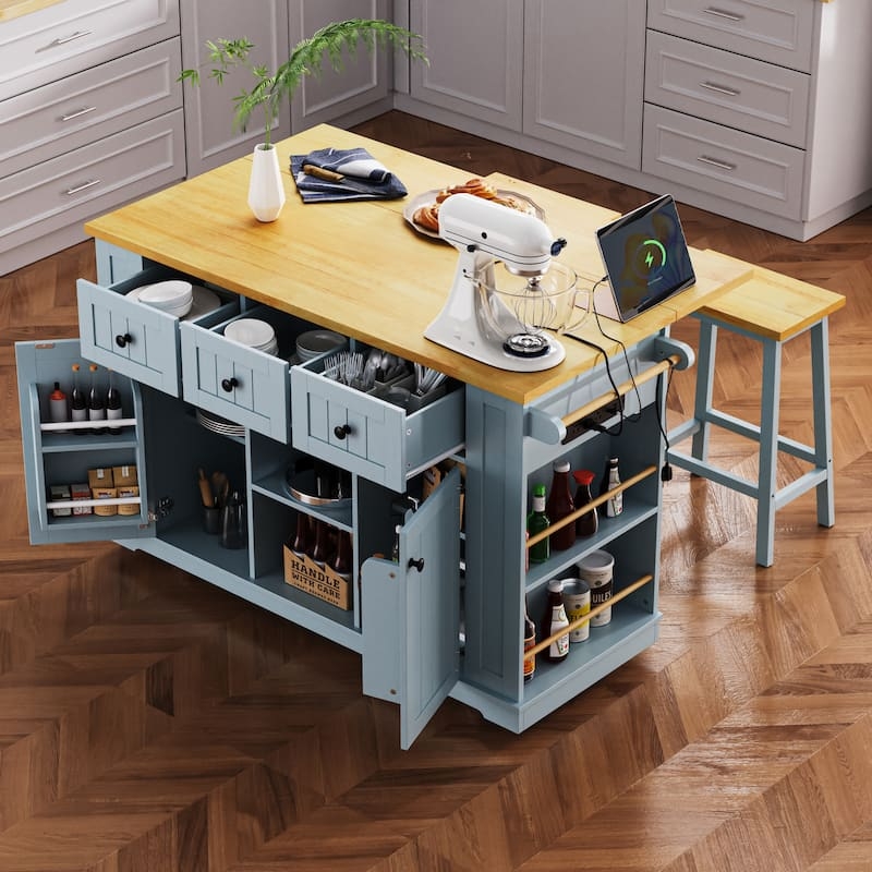 Kitchen Island Cart with Power Outlet, Drop Leaf, and Light Blue Finish