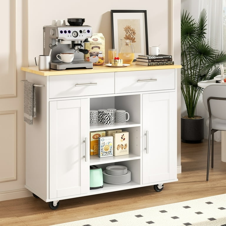 Kitchen Island Cart with Shaker Style Cabinet Doors and Side Shelves
