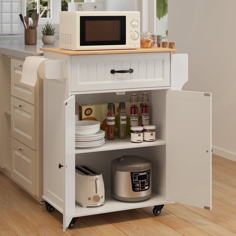 Kitchen Island Cart with Shaker-Style Doors and Side Spice Rack