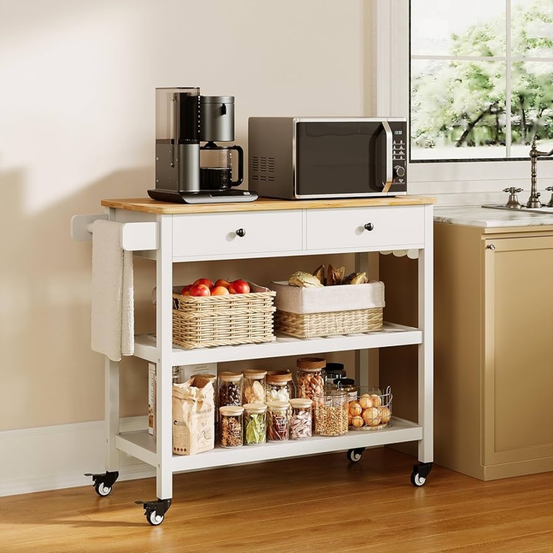 Kitchen Island Cart with Side Hooks and Slatted Shelves, White and Wood
