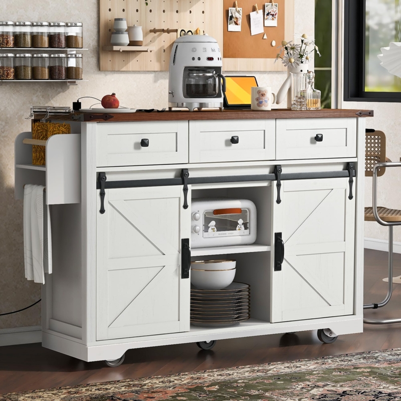 Kitchen Island Cart with Sliding Barn Doors and Power Outlet White