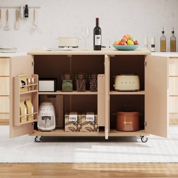 Kitchen Island Cart With White X-Frame Doors And Drop Leaf Top