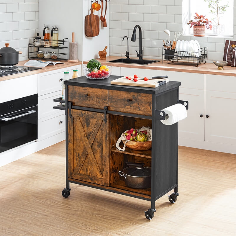 Kitchen Island Cart with Wire Mesh Shelves and Cup Pull Handles