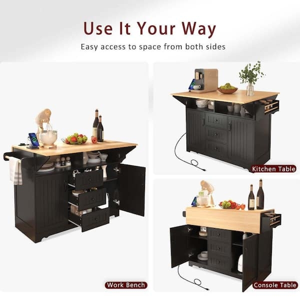 Kitchen Island Cart Wood Contrast Drop Leaf Mobile Base Storage