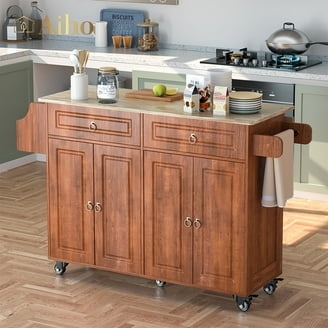 Kitchen Island Cherry Finish Stone Like Top Raised Panels
