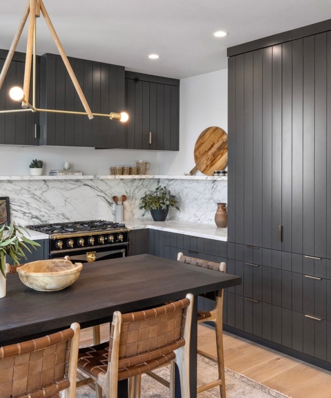 Kitchen Island Dark Gray Cabinetry Brass Hardware Accents