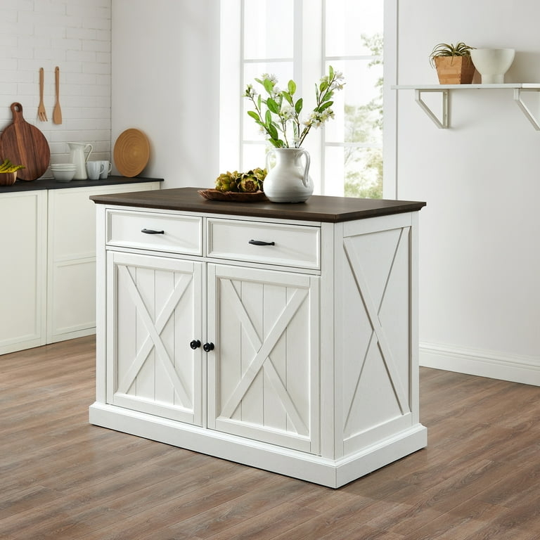 Kitchen Island Distressed White Farmhouse Cart Wood Top