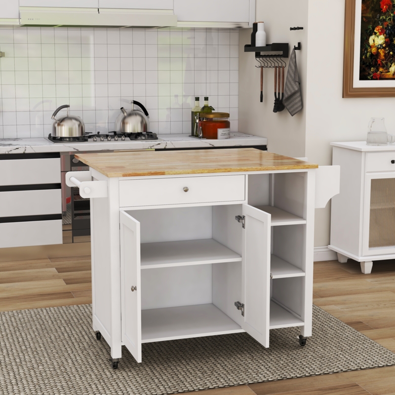 Kitchen Island Drop Leaf Desktop Black and Wood Top Lockable Wheels