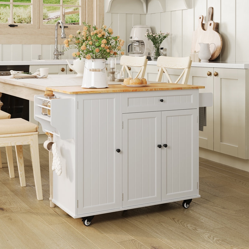 Kitchen Island Drop Leaf External Spice Rack Locking Wheels White