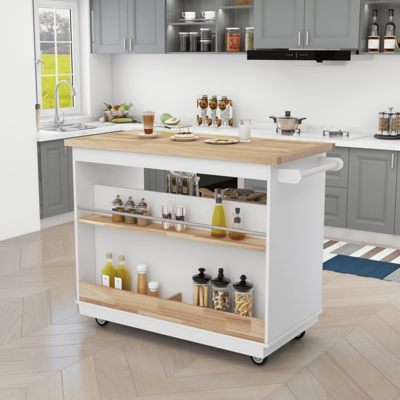 Kitchen Island Enclosed Cabinet Dual Top Drawers White Wood Top Mobile