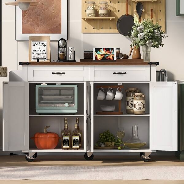 Kitchen Island featuring Folding Leaf and Built-in Outlet White