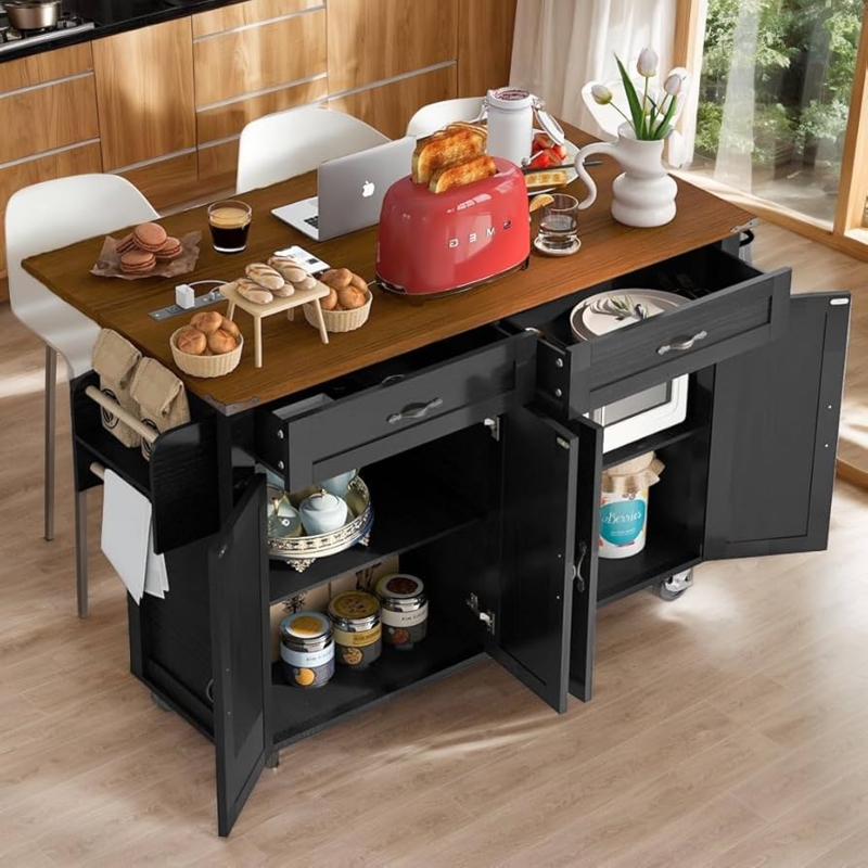 Kitchen Island Fluted Glass Cabinet Doors with Power Outlet, Black