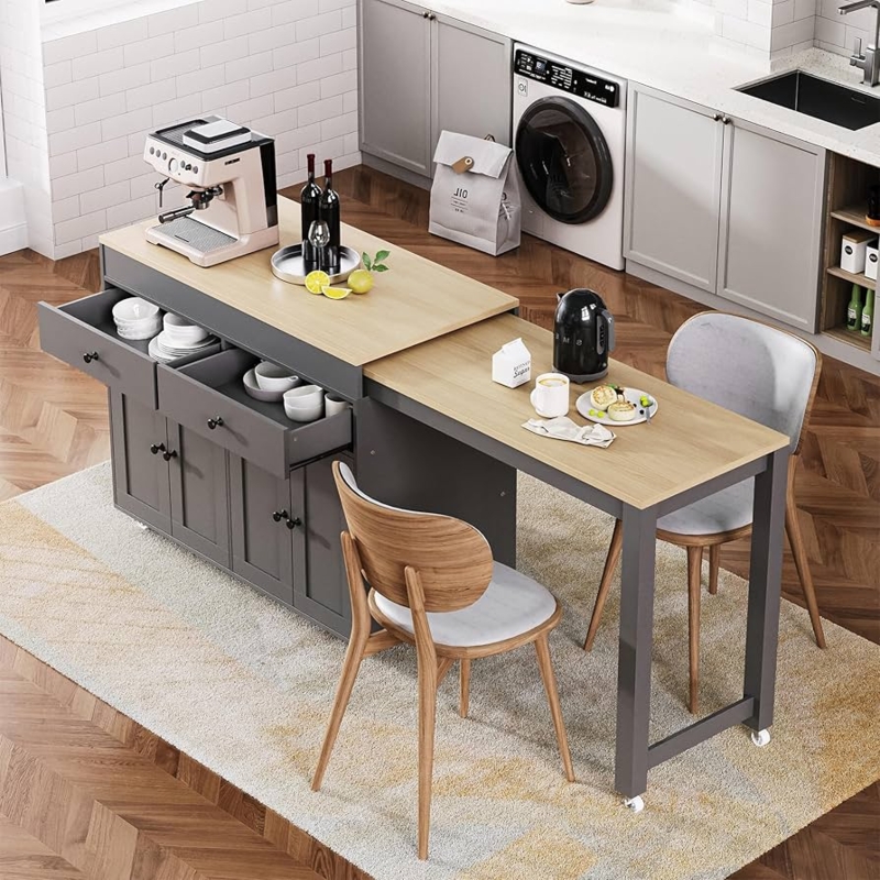 Kitchen Island Grey Mobile Base with Extendable Dining Table, Wood Top