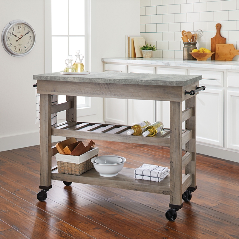 Kitchen Island in Brown Finish with Wicker Baskets and Metal Accents
