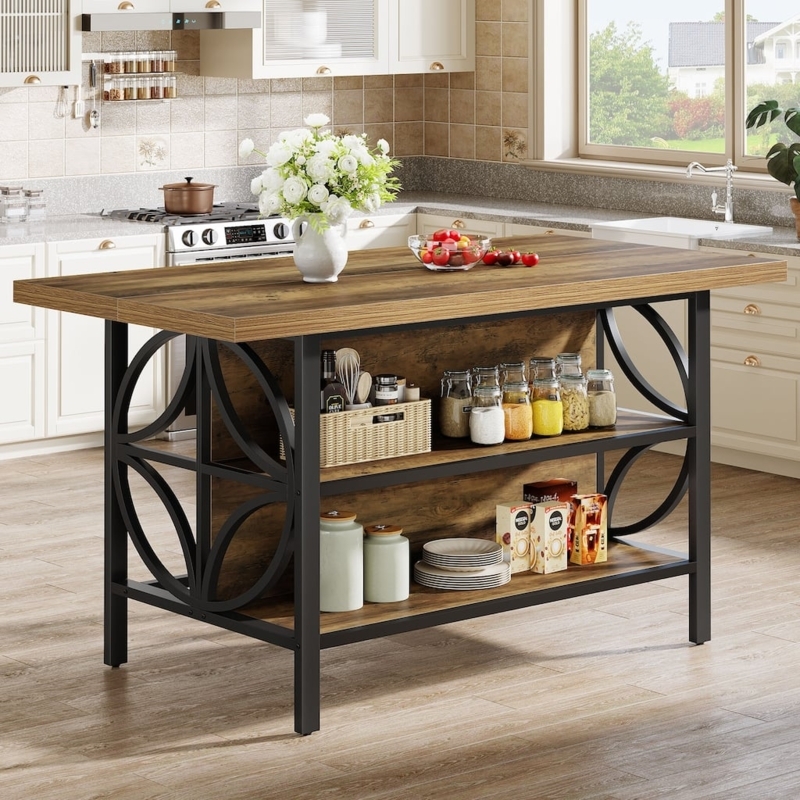 Kitchen Island Industrial Frame Open Storage Shelves Bar Height Wood Top