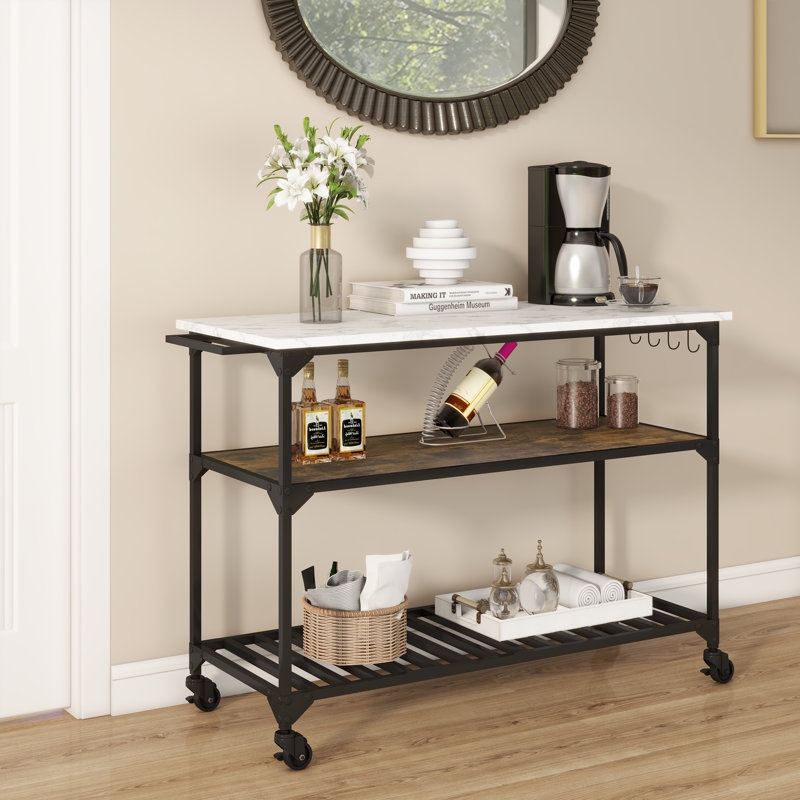 Kitchen Island Industrial Iron Cart with Mesh Sides & Locking Wheels