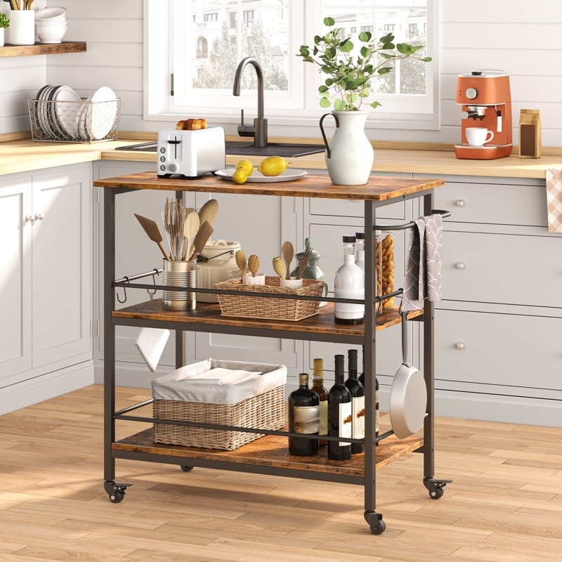 Kitchen Island Industrial Storage with Mesh Side Enclosures and Hooks