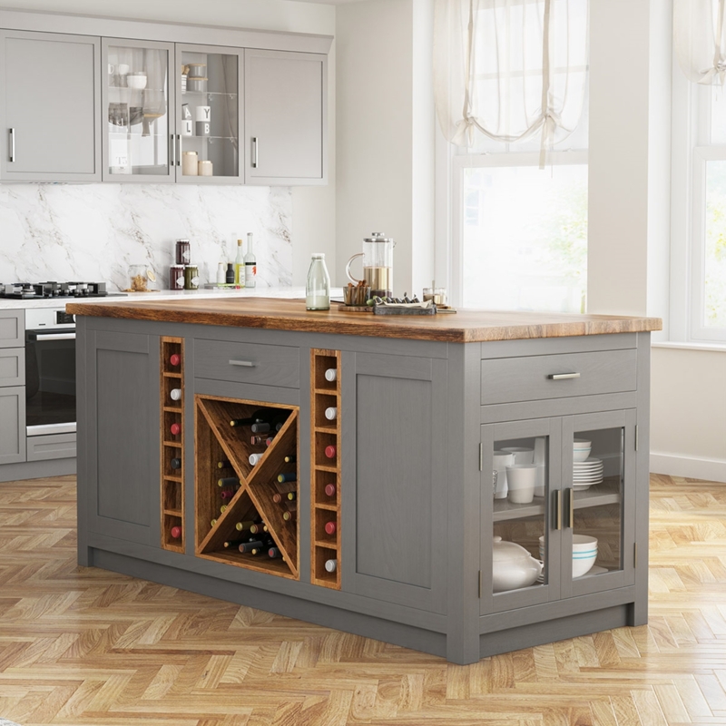 Kitchen Island Integrated Wine Storage Two-Tone Wood Rustic Cart