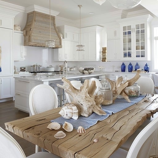 Kitchen Island Light Blue Rattan Pendants Coastal Farmhouse Style