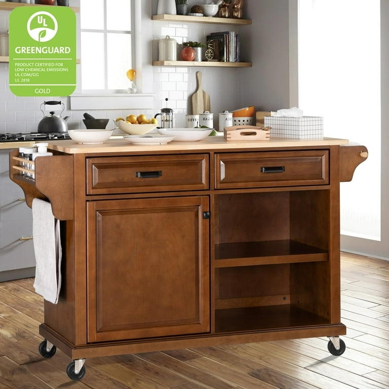 Kitchen Island Mahogany Finish with Drop Leaf and Bun Feet