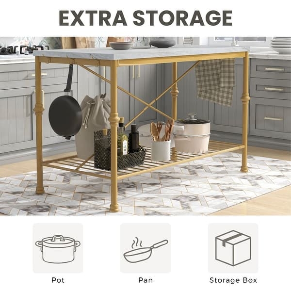 Kitchen Island Marble Like Top with Metallic Ring Pull Hardware