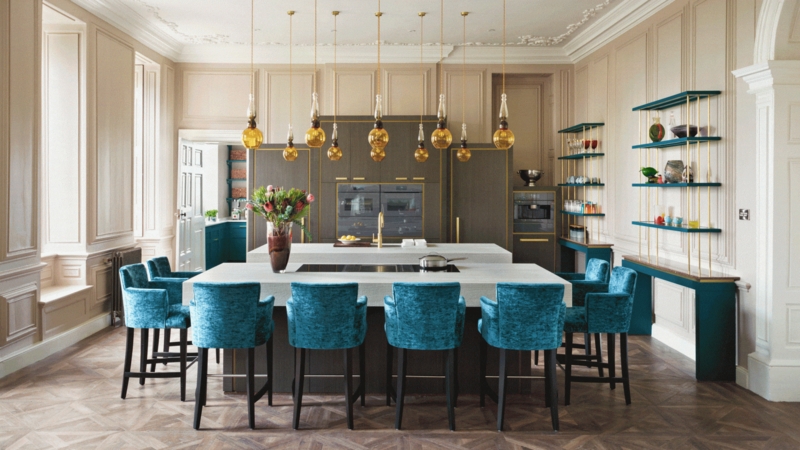 Kitchen Island Marble Waterfall Oversized Brass Hood Arched Windows