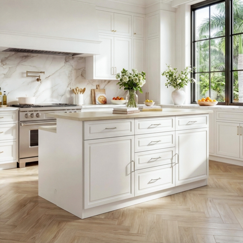 Kitchen Island Marbled Top White Glam Built-in Power Outlet