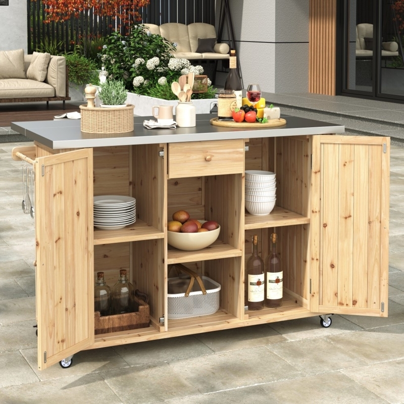 Kitchen Island Mobile Outdoor Wood with Stainless Steel Top