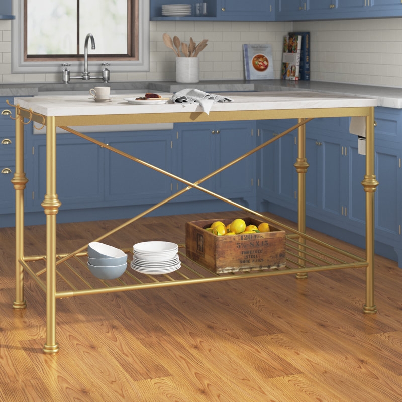 Kitchen Island Mobile Polished Frame with Slatted Storage Shelves