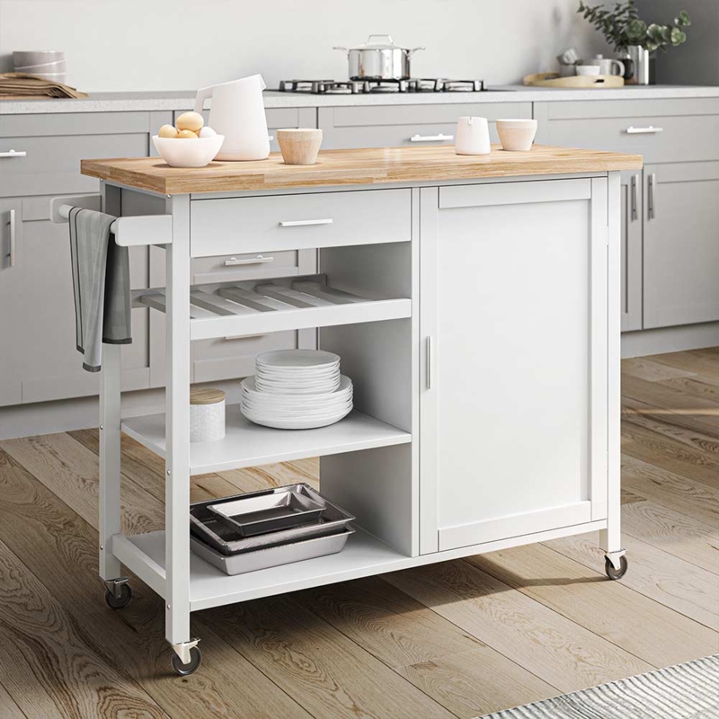 Kitchen Island Mobile Shaker Style with Open Side Shelving and Wood Top