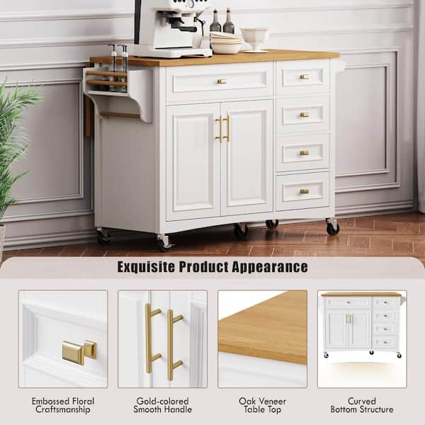Kitchen Island Mobile with Five Drawer Storage and Wood Top