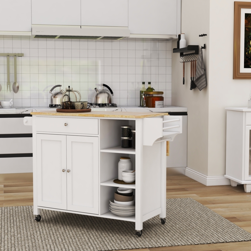 Kitchen Island Navy Blue Base Wood Top Double Doors Mobile Cart