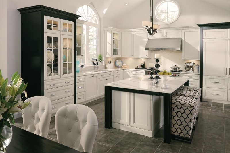 Kitchen Island Navy Blue Cabinetry Brass Pendants Geometric Tile