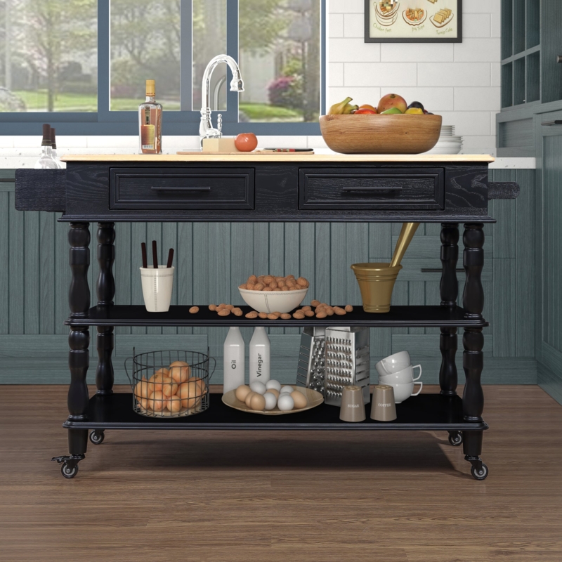 Kitchen Island Navy Blue Finish Wood Top Towel Bar Transitional