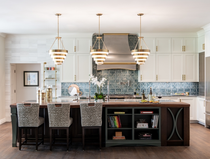 Kitchen Island Navy Blue Transitional with Woven Rattan Stools