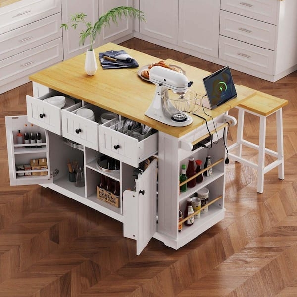 Kitchen Island on Five Wheels with Side Storage Racks, White and Wood