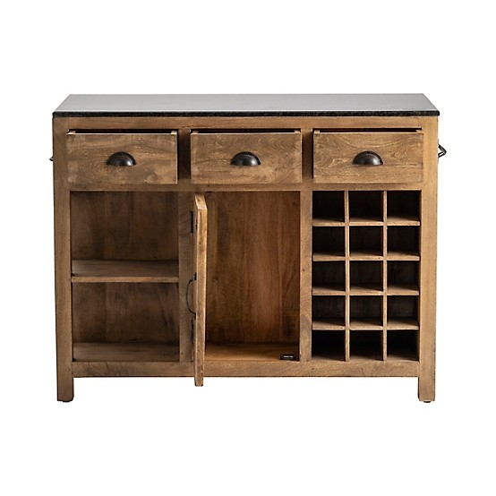 Kitchen Island Open Cubby Storage Stone-Like Top Rustic Industrial Cart