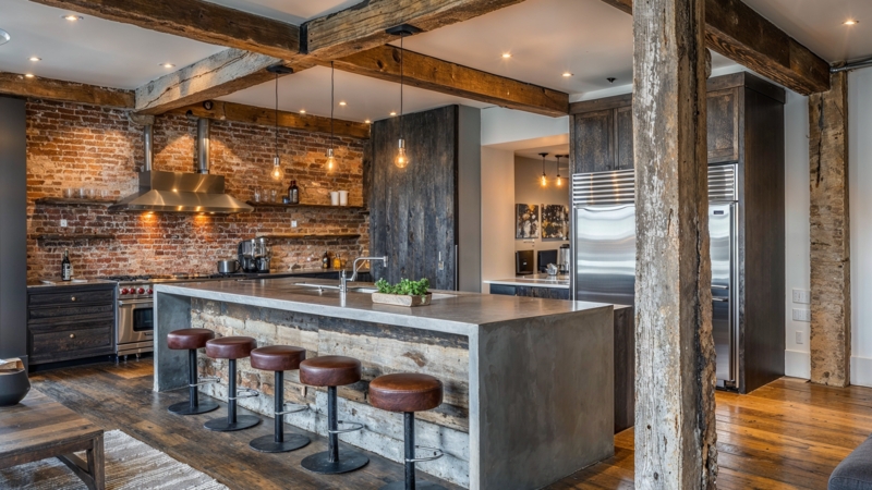 Kitchen Island, Reclaimed Wood with Waterfall Stone Countertop, Industrial Loft Style