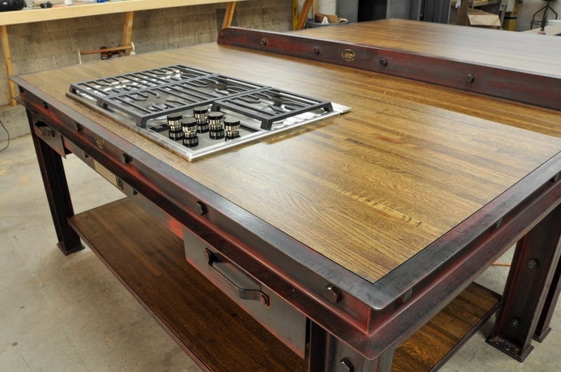 Kitchen Island Red Mechanical Base Crank Handle Reclaimed Wood