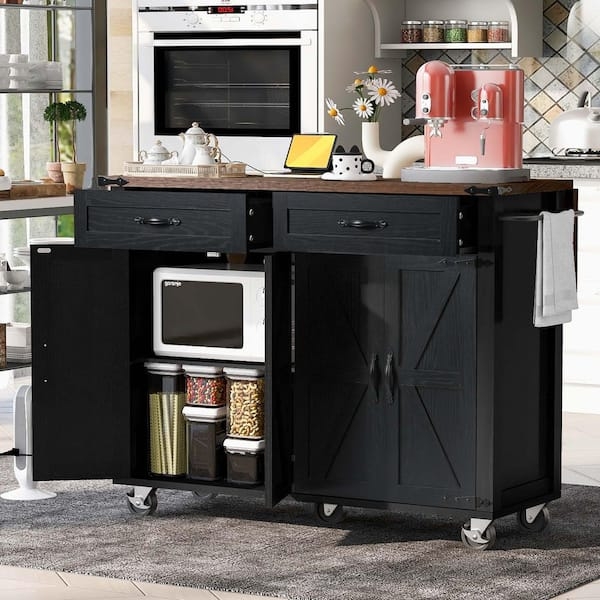Kitchen Island Rolling Cart with Spice Rack, Matte Black Finish