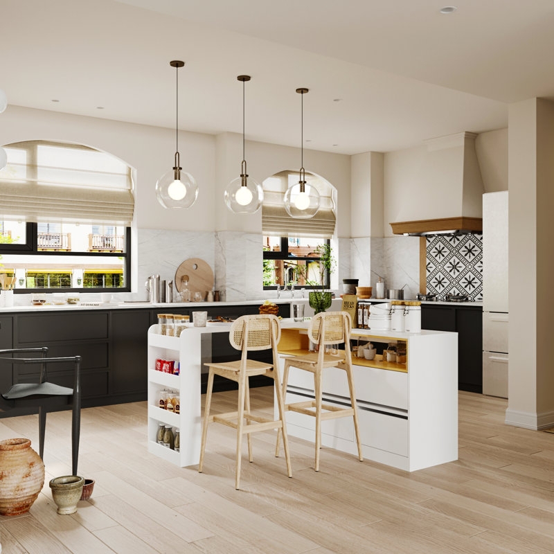 Kitchen Island Rotating Wood Top, White Base, Integrated Wine Rack
