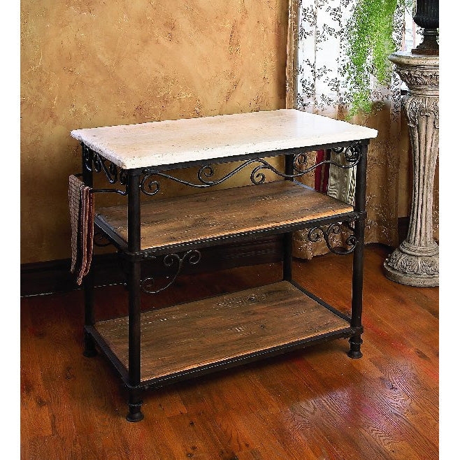 Kitchen Island Rustic Wrought Iron Prep Table with Scrolling Base
