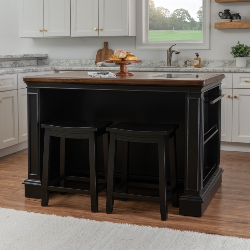 Kitchen Island Set Two-Tone Farmhouse Style with Backless Stools