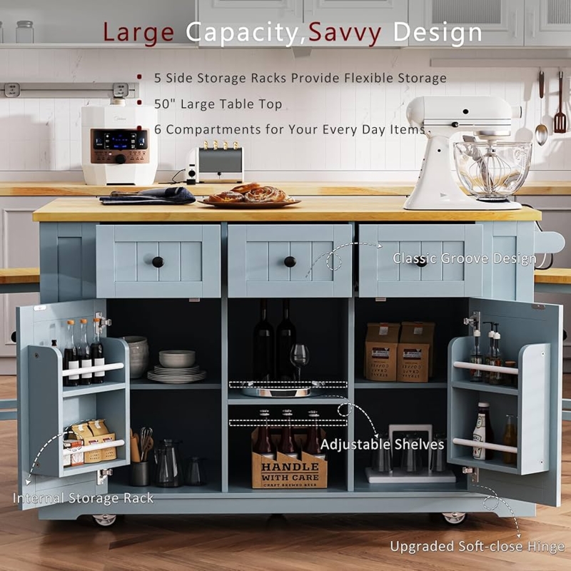 Kitchen Island Set with Backless Stools, Drop Leaf, and Power Outlet